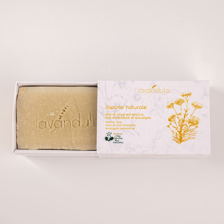 Natural soap with olive oil, helichrysum, and eucalyptus essential oil