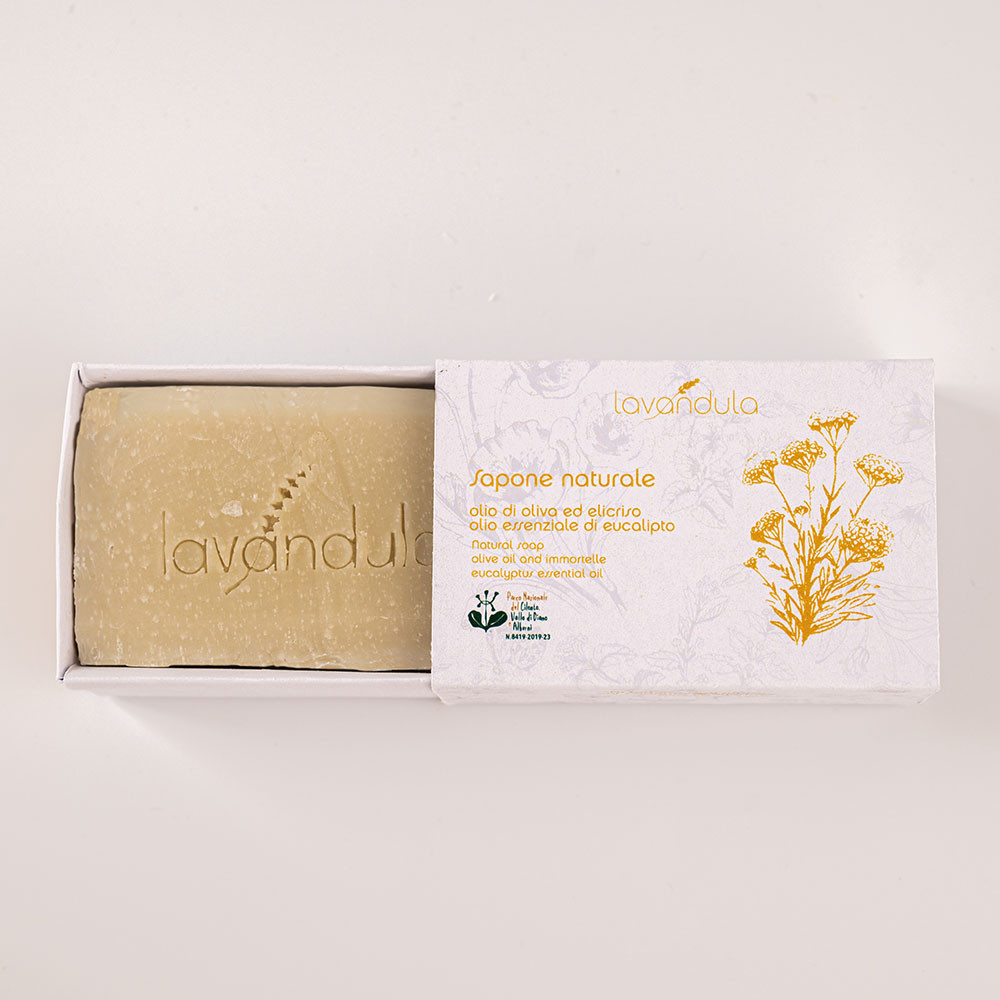 Natural soap with olive oil, helichrysum, and eucalyptus essential oil